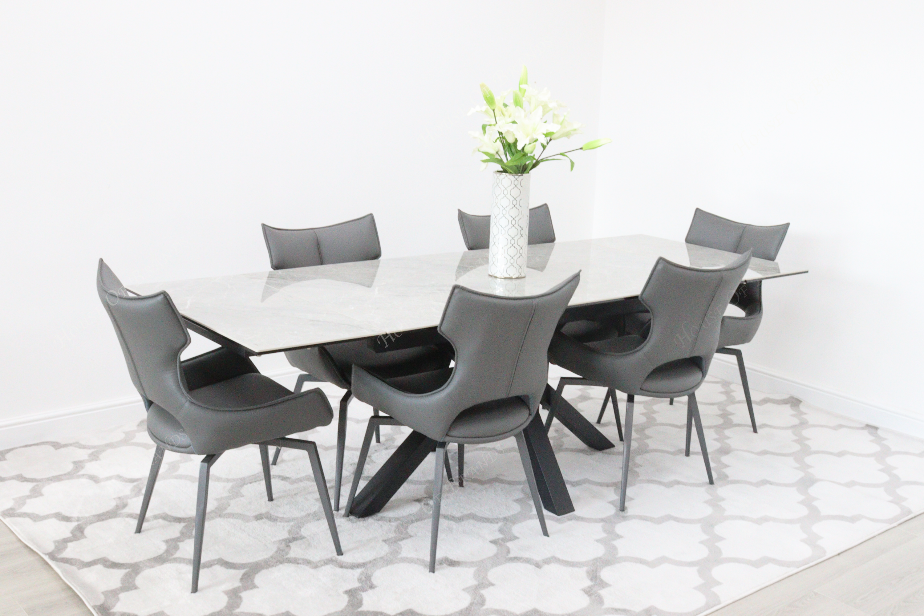 Phoenix Extendable Ceramic Dining Table and 6 Grey Rafaello Swivel Dining Chairs