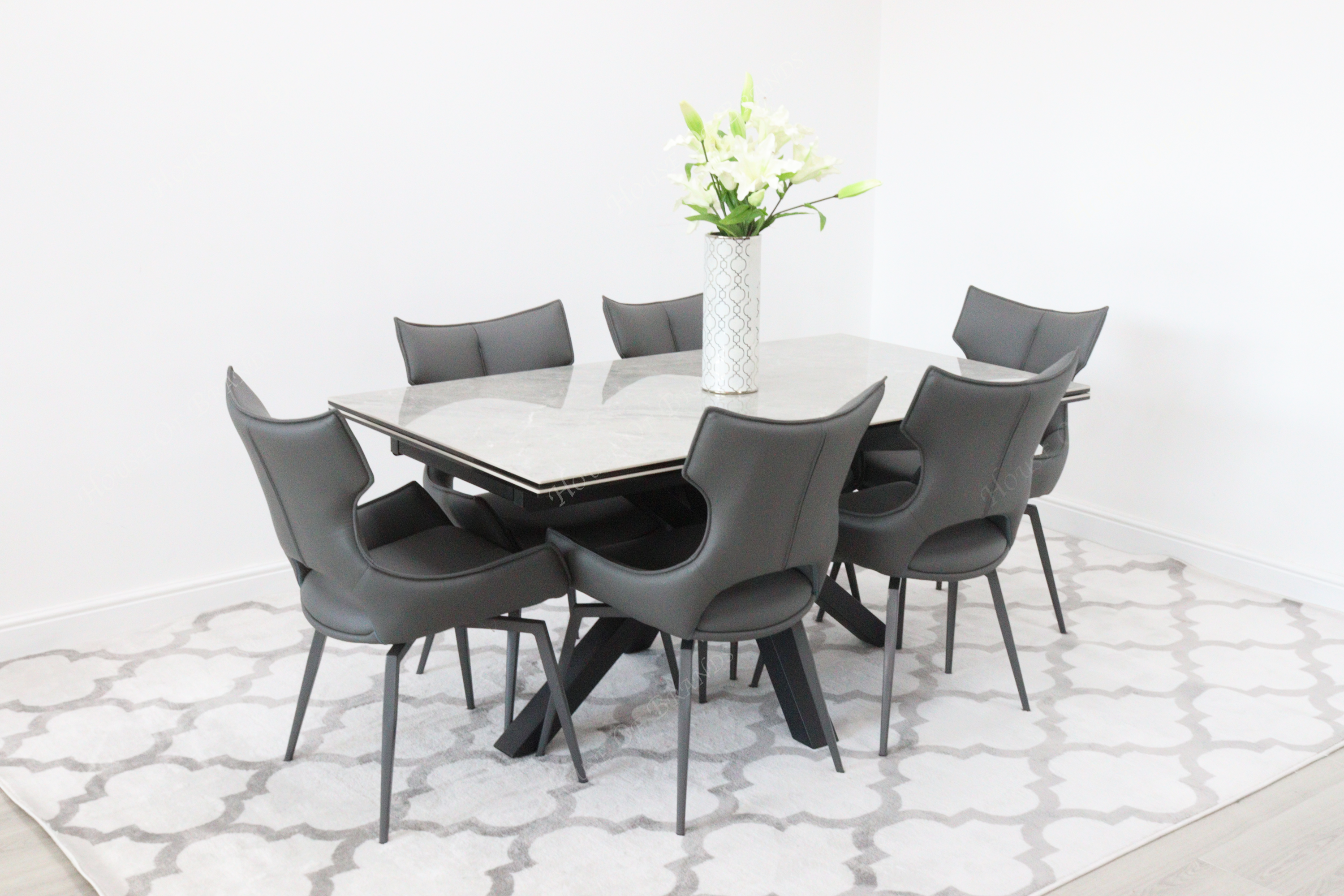 Phoenix Extendable Ceramic Dining Table and 6 Grey Rafaello Swivel Dining Chairs