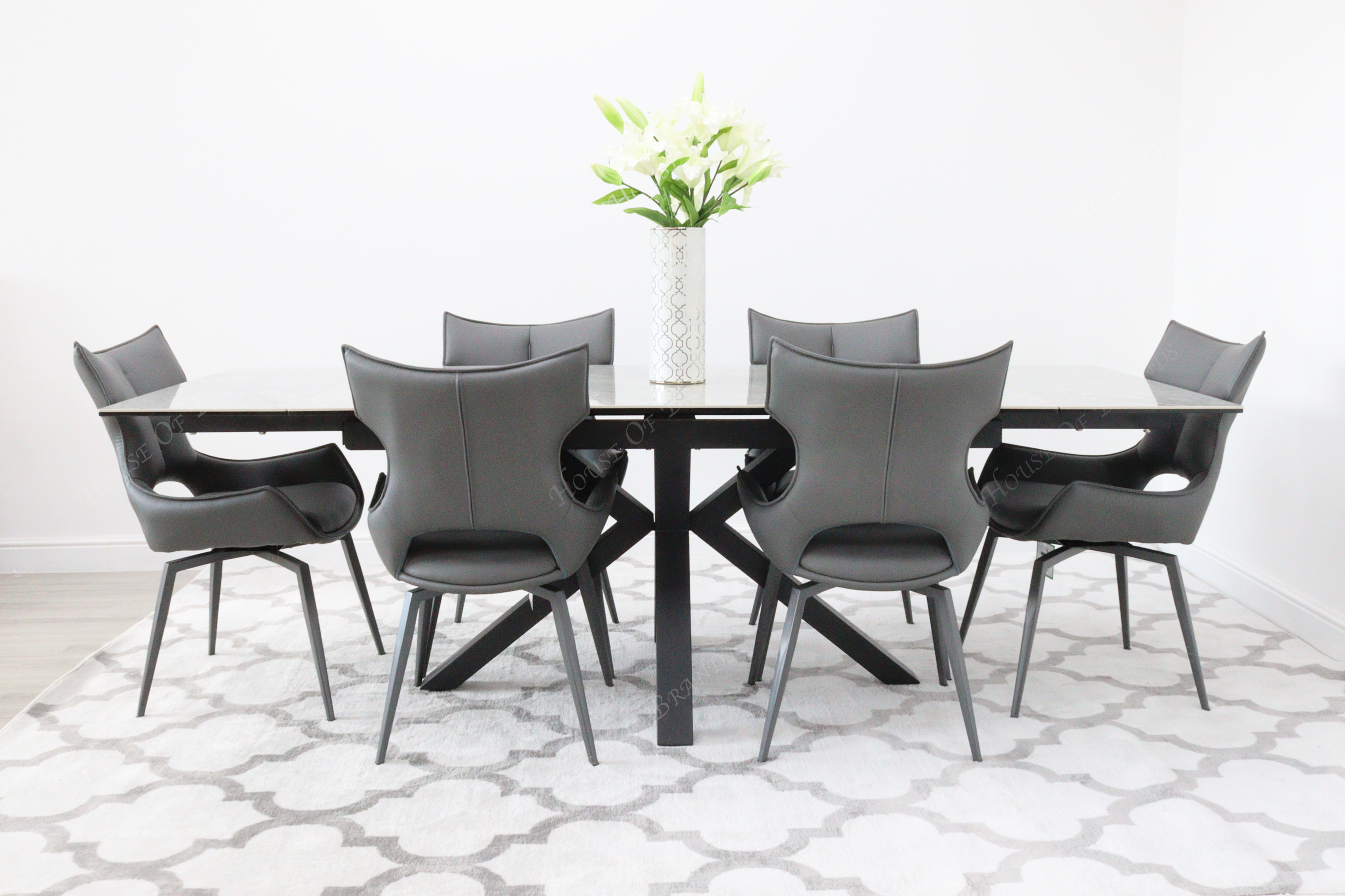 Phoenix Extendable Ceramic Dining Table and 6 Grey Rafaello Swivel Dining Chairs