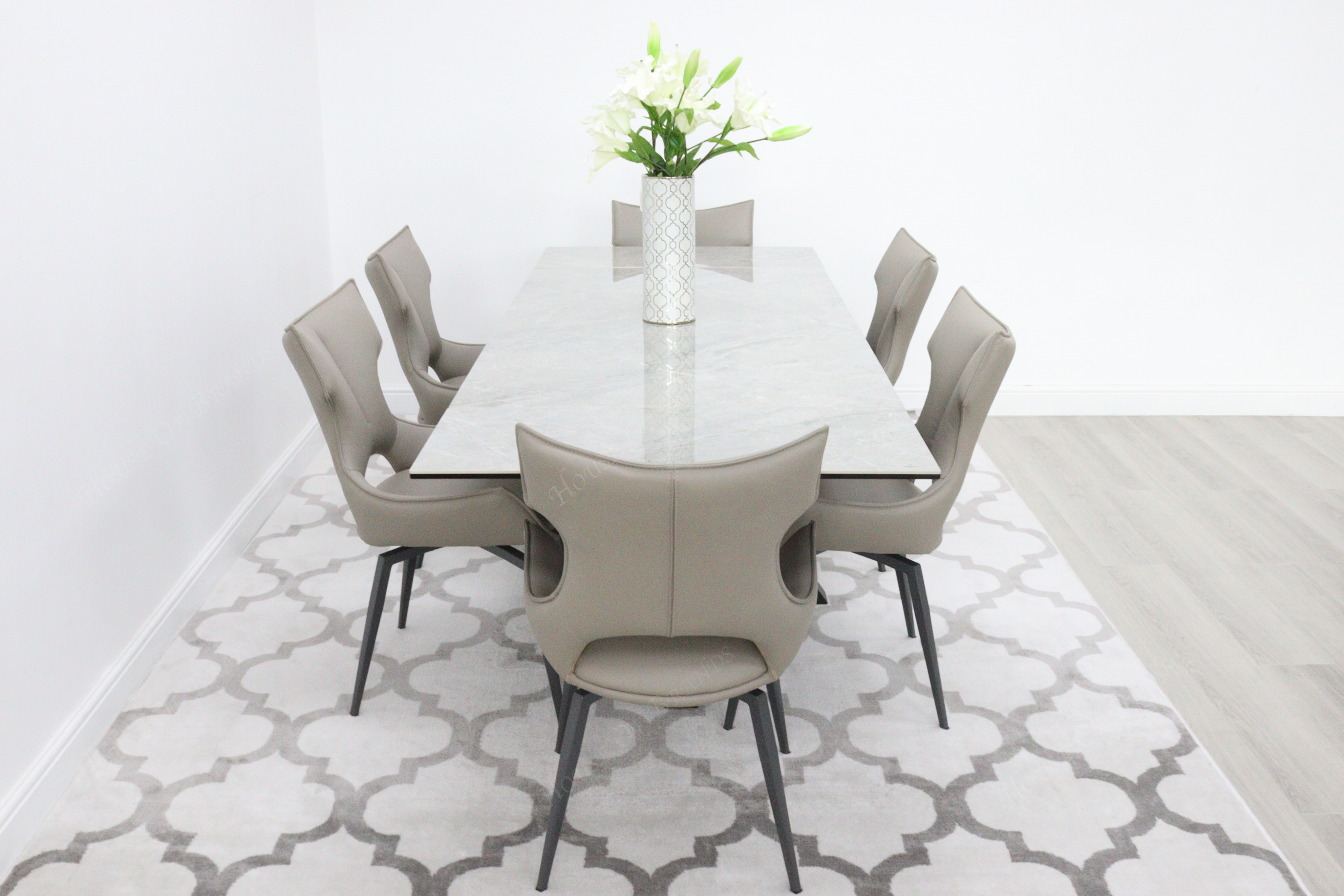 Phoenix Extendable Ceramic Dining Table & 6 Taupe Rafaello Swivel Dining Chairs