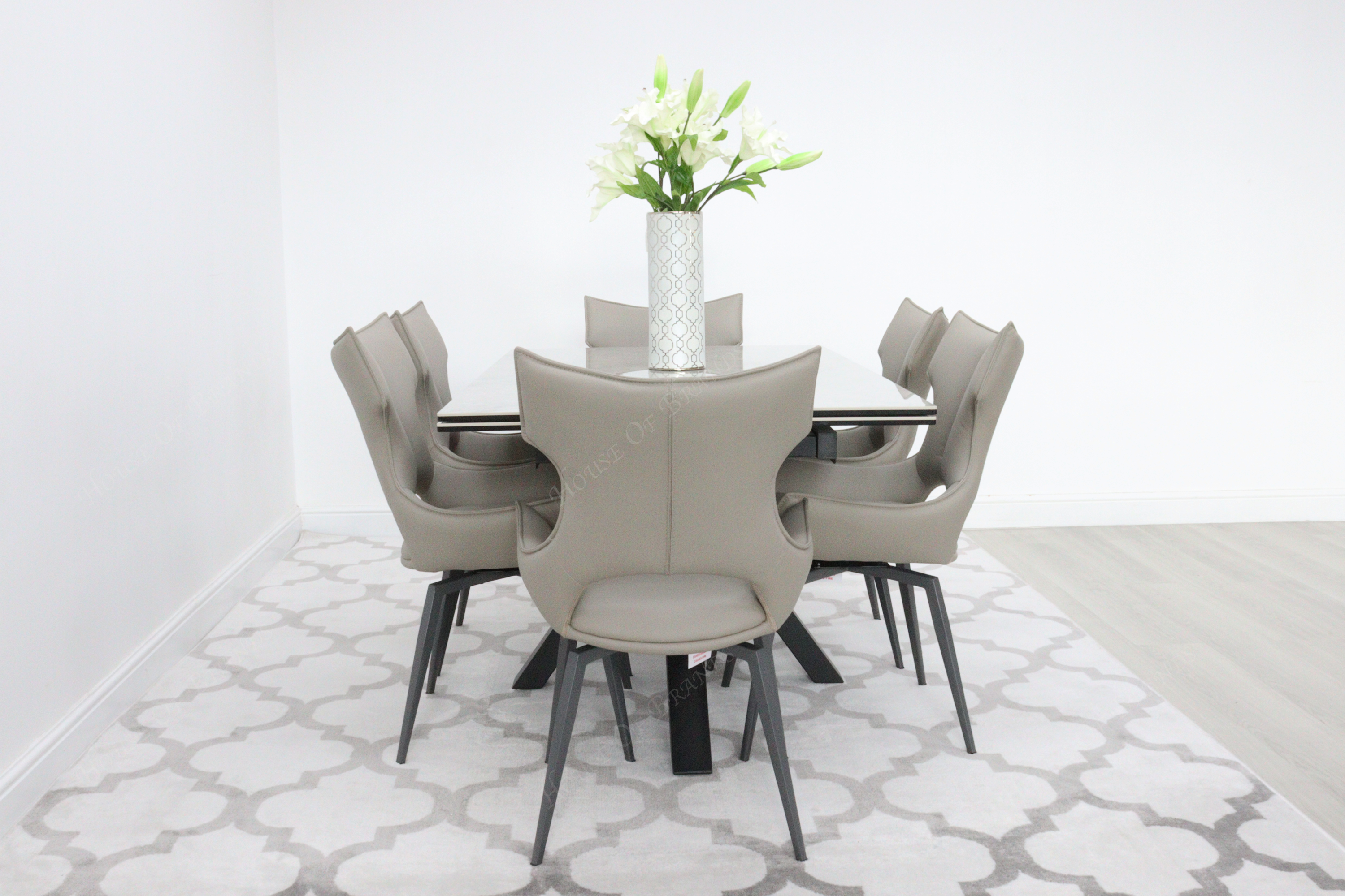 Phoenix Extendable Ceramic Dining Table & 6 Taupe Rafaello Swivel Dining Chairs
