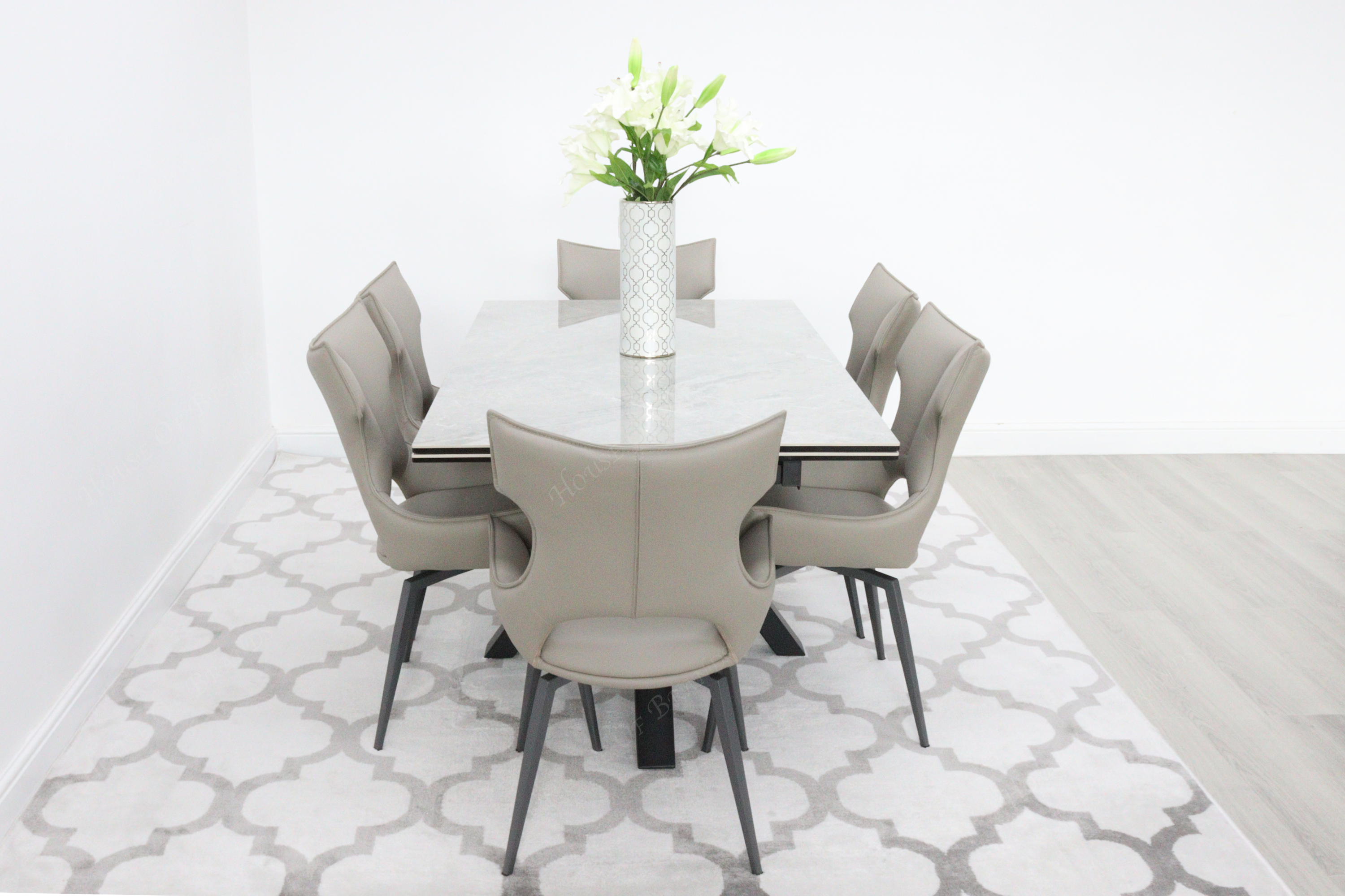 Phoenix Extendable Ceramic Dining Table & 6 Taupe Rafaello Swivel Dining Chairs