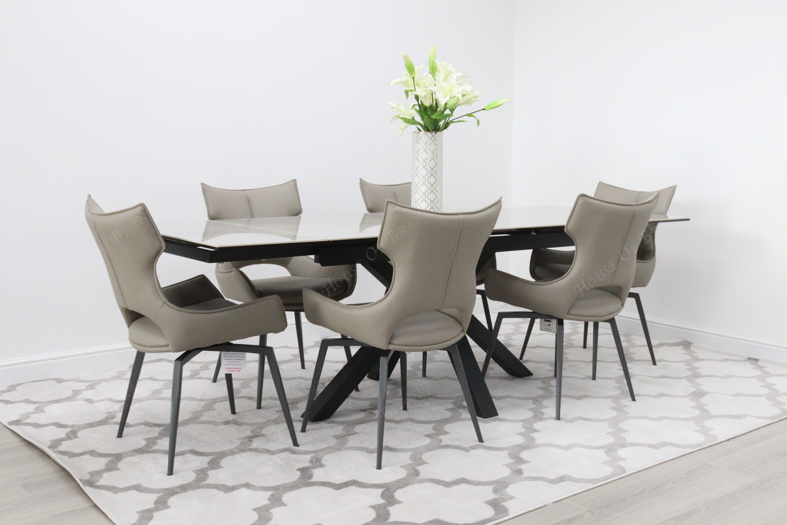 Phoenix Extendable Ceramic Dining Table & 6 Taupe Rafaello Swivel Dining Chairs