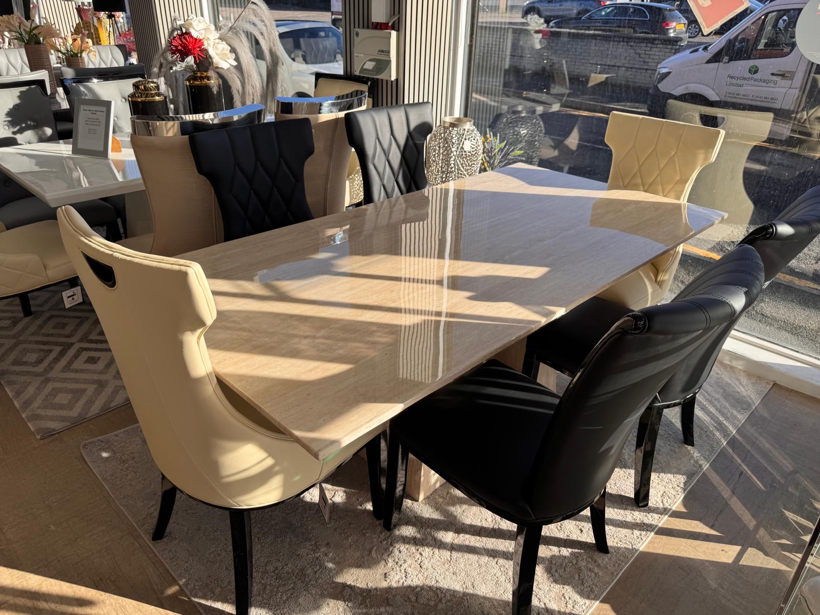 Pluto Beige Marble 200cm Dining Table with Carmela Dining Chairs