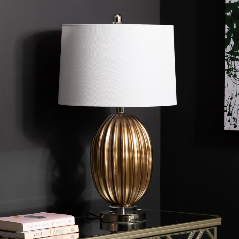 Ribbed Gold Table Lamp with White Linen Shade