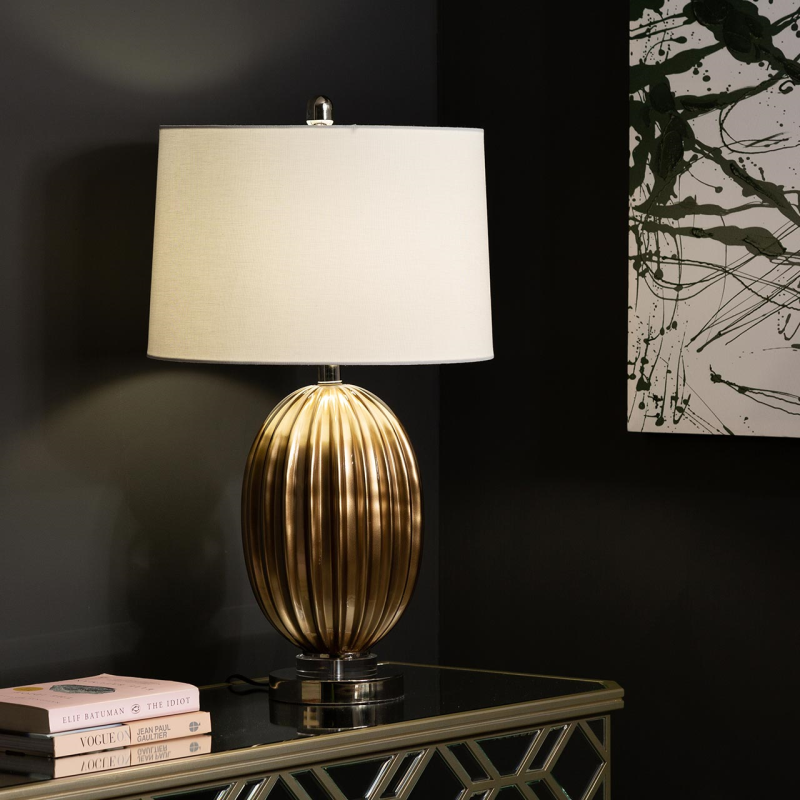 Ribbed Gold Table Lamp with White Linen Shade