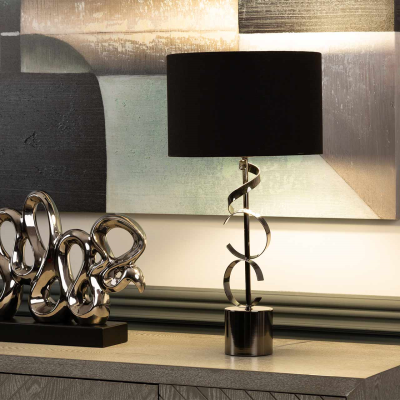 51cm Black Metal Swirl Table Lamp with Black Linen Shade Silver Inside