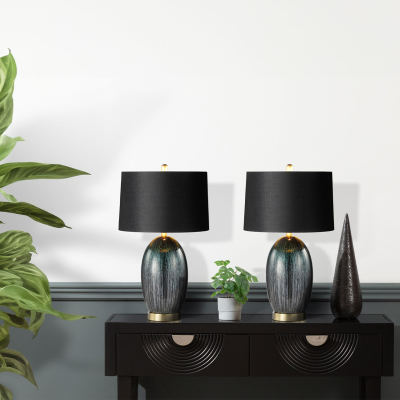 72cm Green Glass with Black Linen Shade Table Lamp