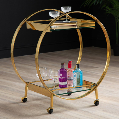 96cm Gold Metal and Clear Glass Drinks Trolley