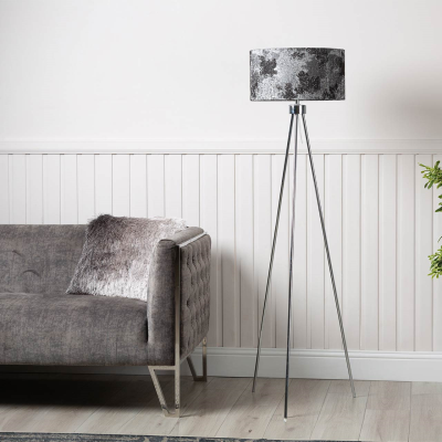 159cm Chrome Tripod Floor Lamp Black and White Linen Shade Silver Inside