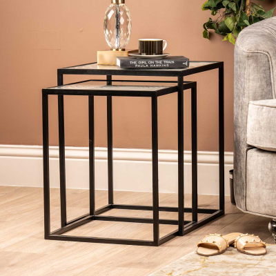 Set of 2 Black Metal with Spiral White Top Nesting Tables