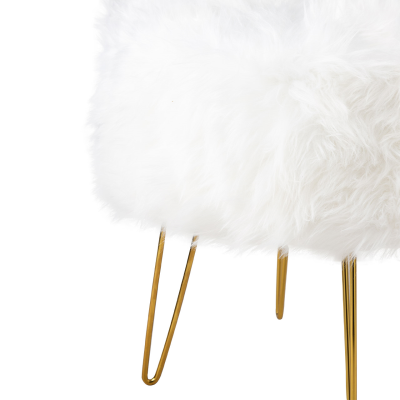 White Faux Fur Stool Ottoman with Gold Legs
