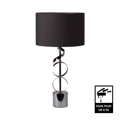 51cm Black Metal Swirl Table Lamp with Black Linen Shade Silver Inside