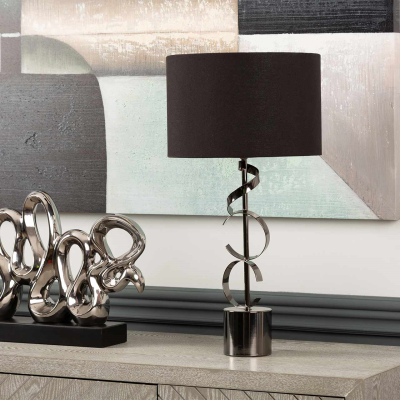 51cm Black Metal Swirl Table Lamp with Black Linen Shade Silver Inside