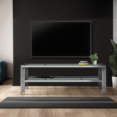 Cohen Chrome Steel Tubes with Clear Glass Shelves Entertainment Unit