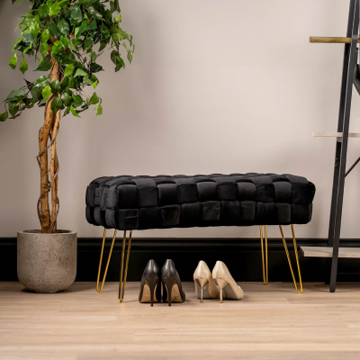 Black Velvet Woven Bench with Gold Legs