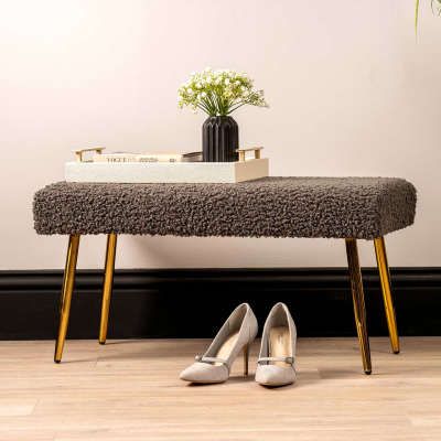 Charcoal Grey Boucle Bench with Gold Legs