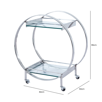 96cm Chrome Metal and Clear Glass Drinks Trolley