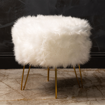 White Faux Fur Stool Ottoman with Gold Legs