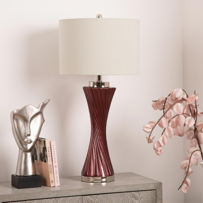 78cm Mulberry Purple Twist Table Lamp with Grey Linen Shade