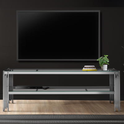 Cohen Chrome Steel Tubes with Clear Glass Shelves Entertainment Unit