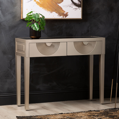 Elon 2 Drawer Console Table Gold with Gold Mirror Top and Silver Handles
