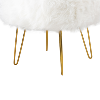 White Faux Fur Stool Ottoman with Gold Legs