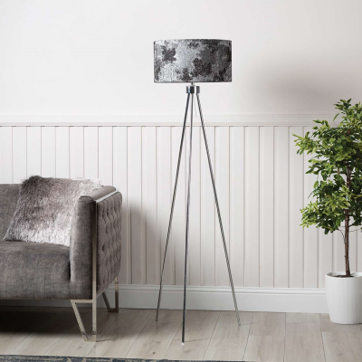 159cm Chrome Tripod Floor Lamp Black and White Linen Shade Silver Inside