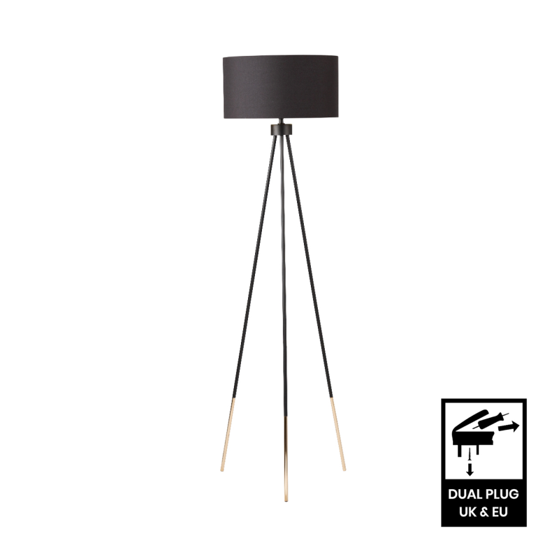 159cm Black and Gold Tripod Floor Lamp with Black Linen Shade Gold Ins