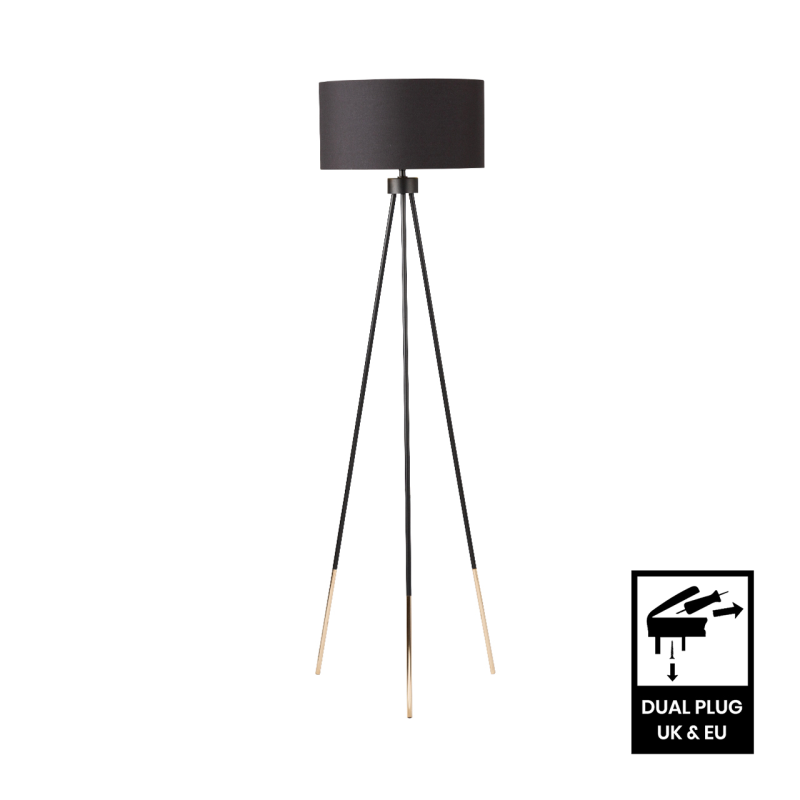 159cm Black and Gold Tripod Floor Lamp with Black Linen Shade Gold Inside
