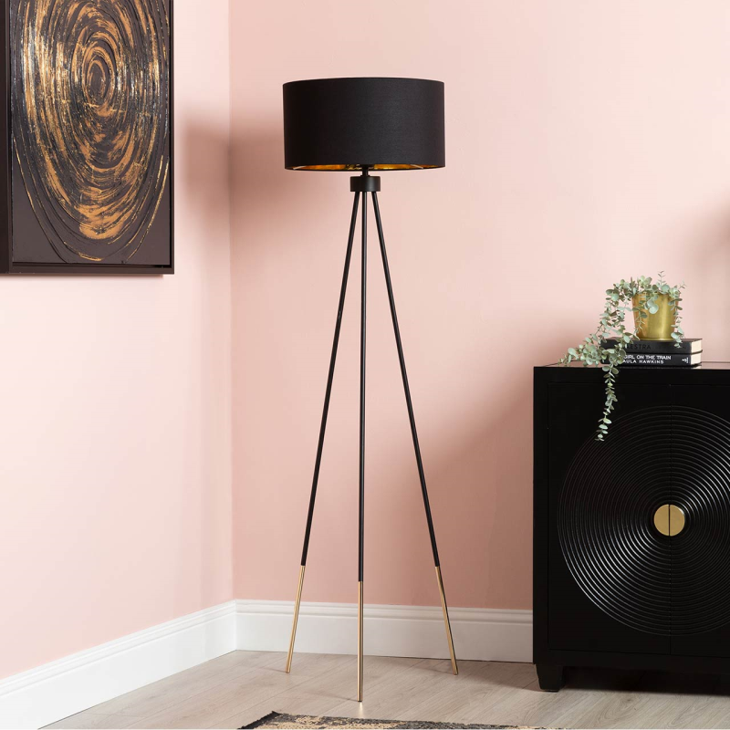 159cm Black and Gold Tripod Floor Lamp with Black Linen Shade Gold Inside