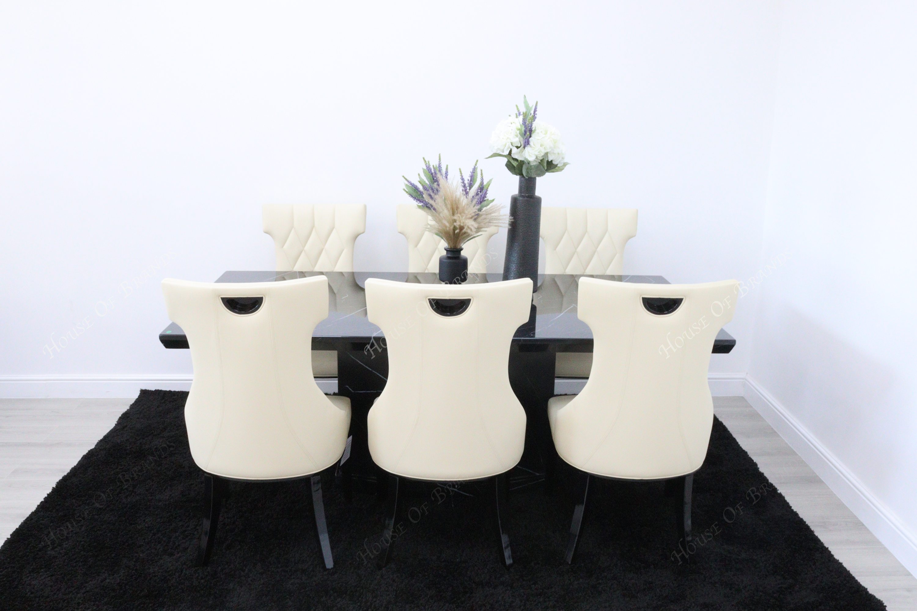 Nebula Black Marble Dining Table with 6 Tremiti Cream Leather Chair