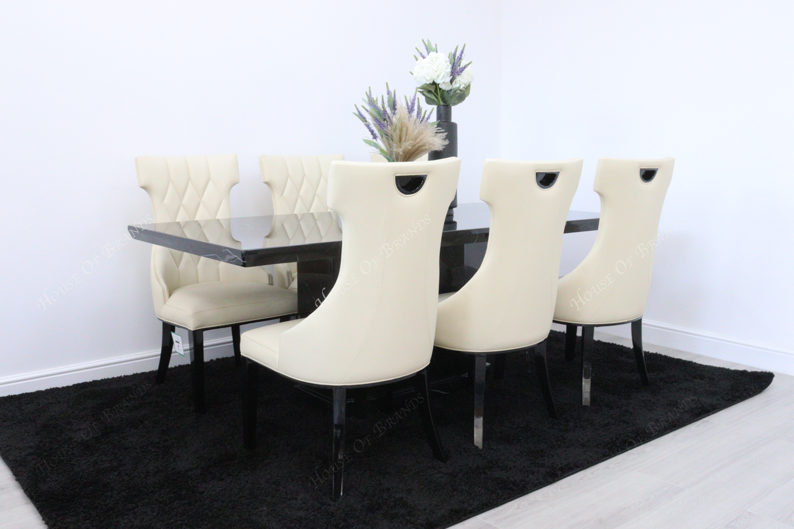Nebula Black Marble Dining Table with 6 Tremiti Cream Leather Chair