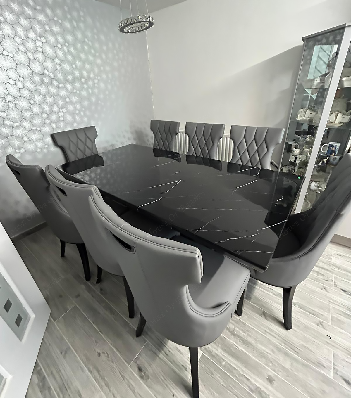 200cm Naples Black Marble Dining Table with 8 Mimi Grey Leather Dining Chairs