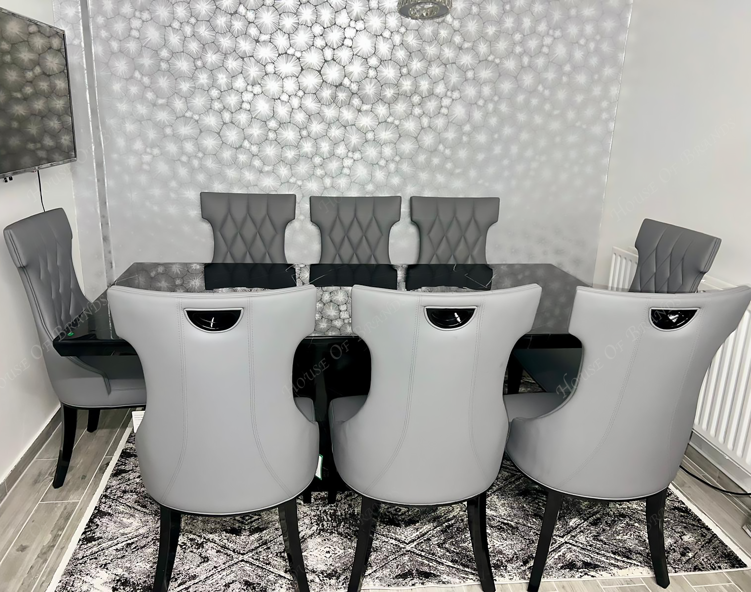 200cm Naples Black Marble Dining Table with 8 Mimi Grey Leather Dining Chairs