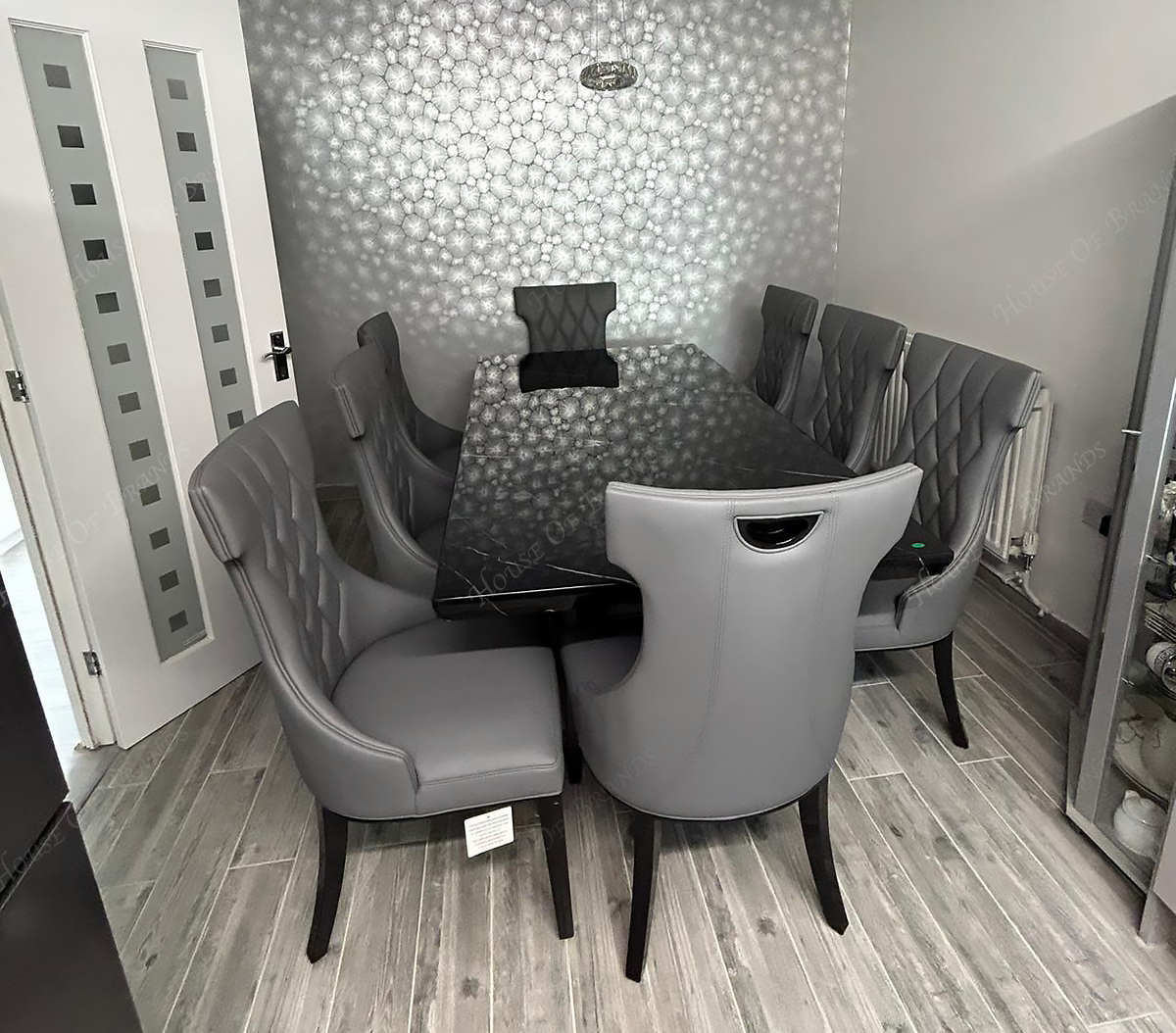 200cm Naples Black Marble Dining Table with 8 Mimi Grey Leather Dining Chairs