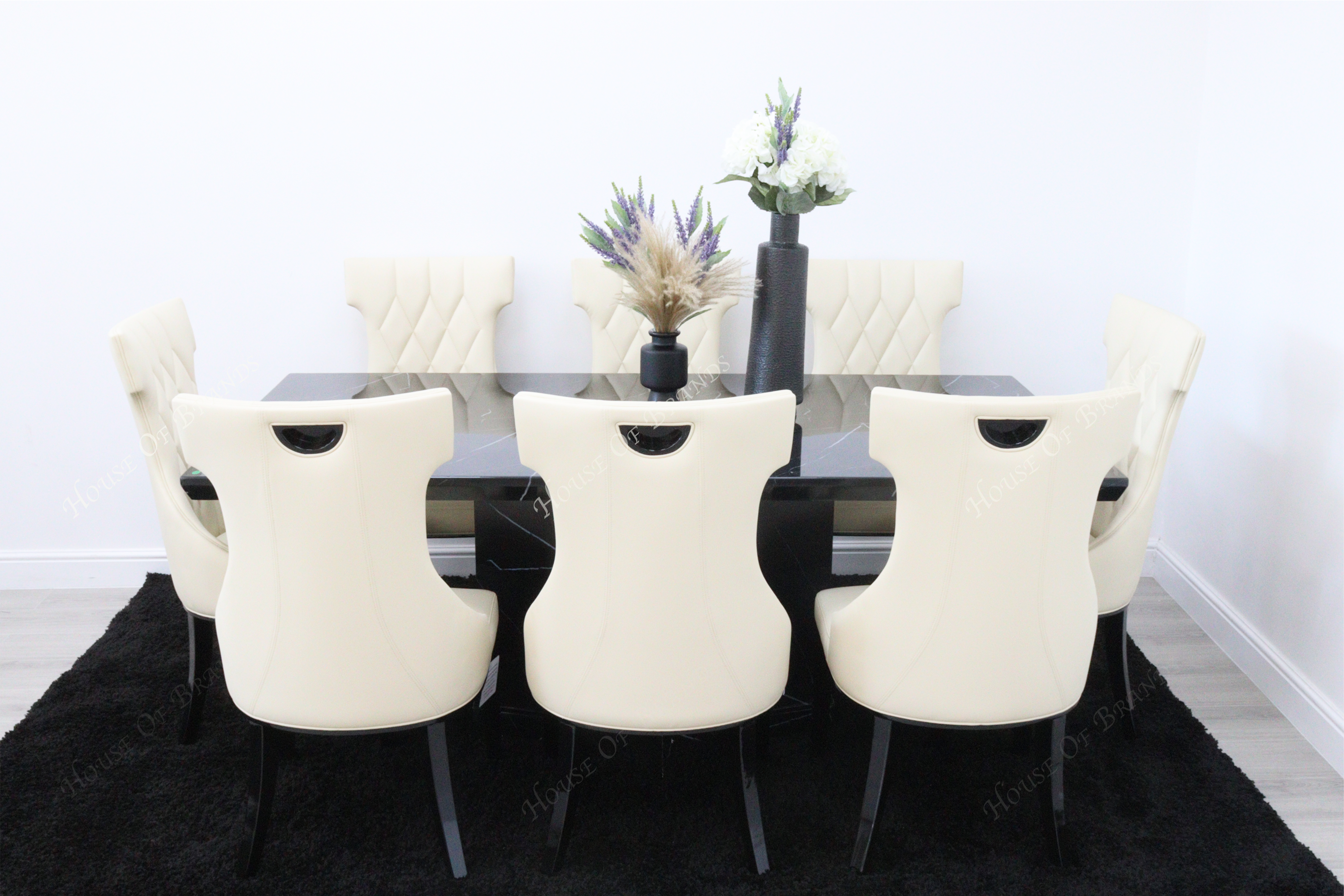 200cm Nebula Black Marble Dining Table with 8 Tremiti Cream Leather Chair