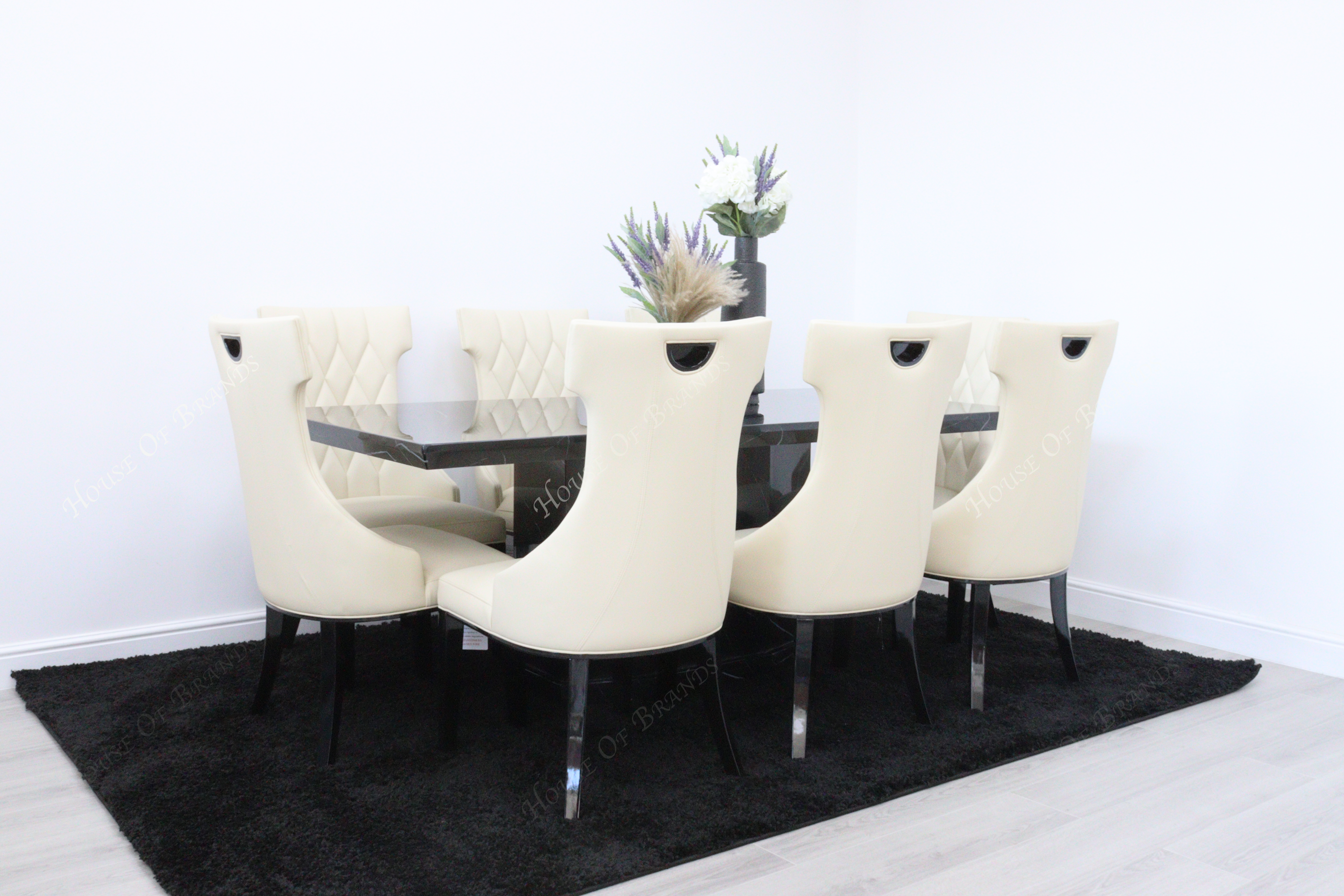 200cm Nebula Black Marble Dining Table with 8 Tremiti Cream Leather Chair