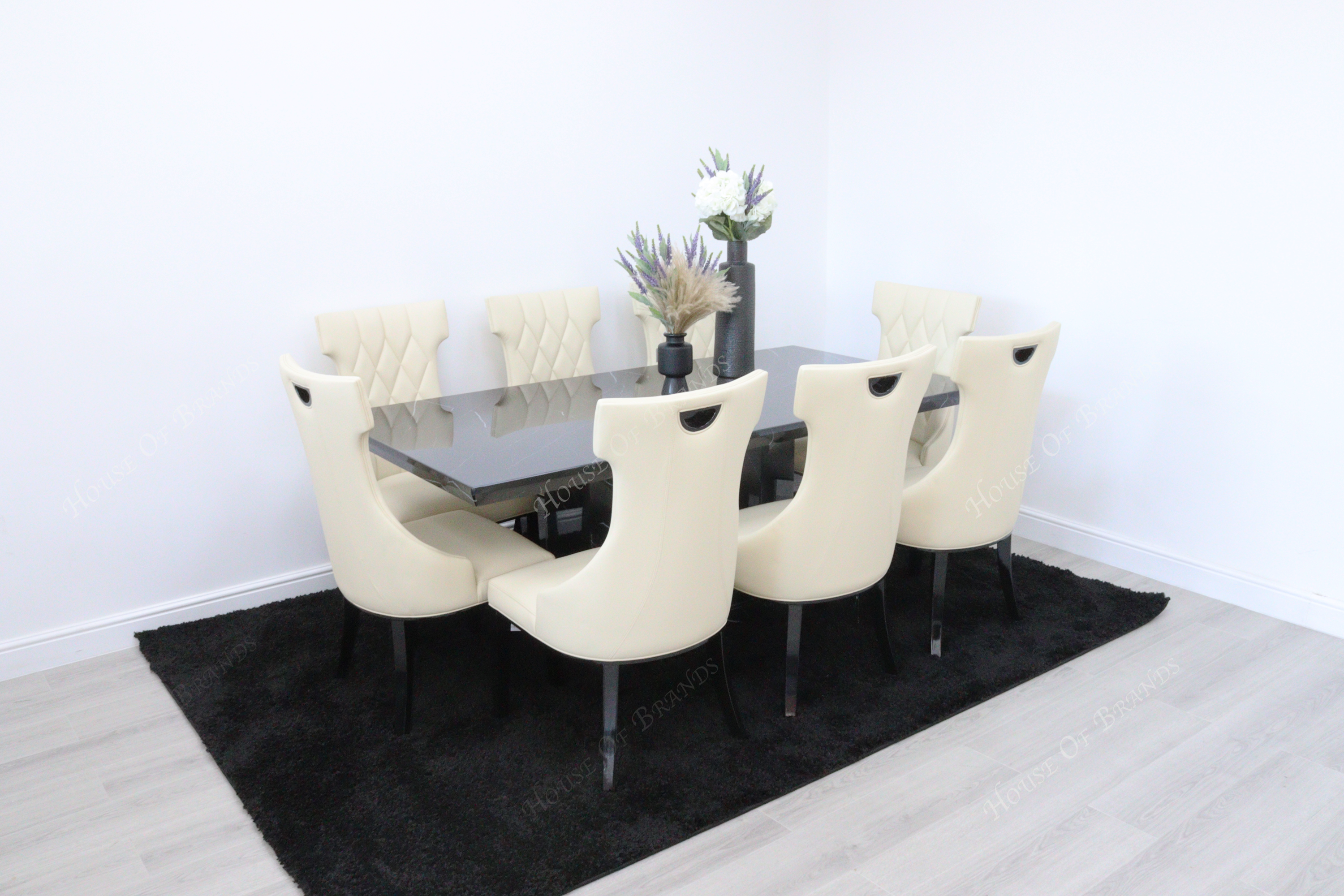 200cm Nebula Black Marble Dining Table with 8 Tremiti Cream Leather Chair