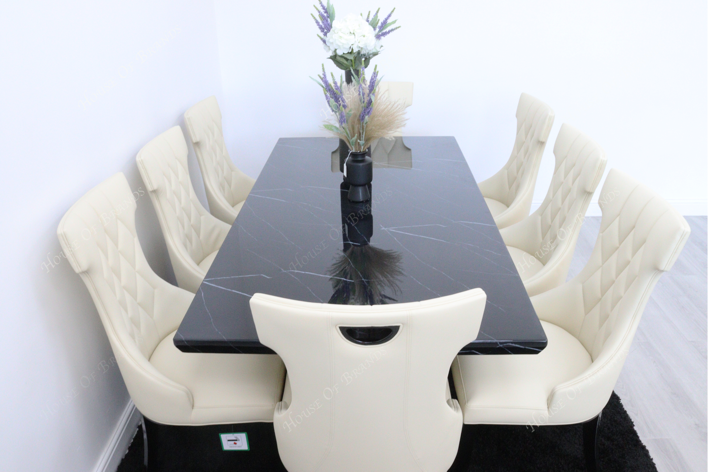 200cm Nebula Black Marble Dining Table with 8 Tremiti Cream Leather Chair