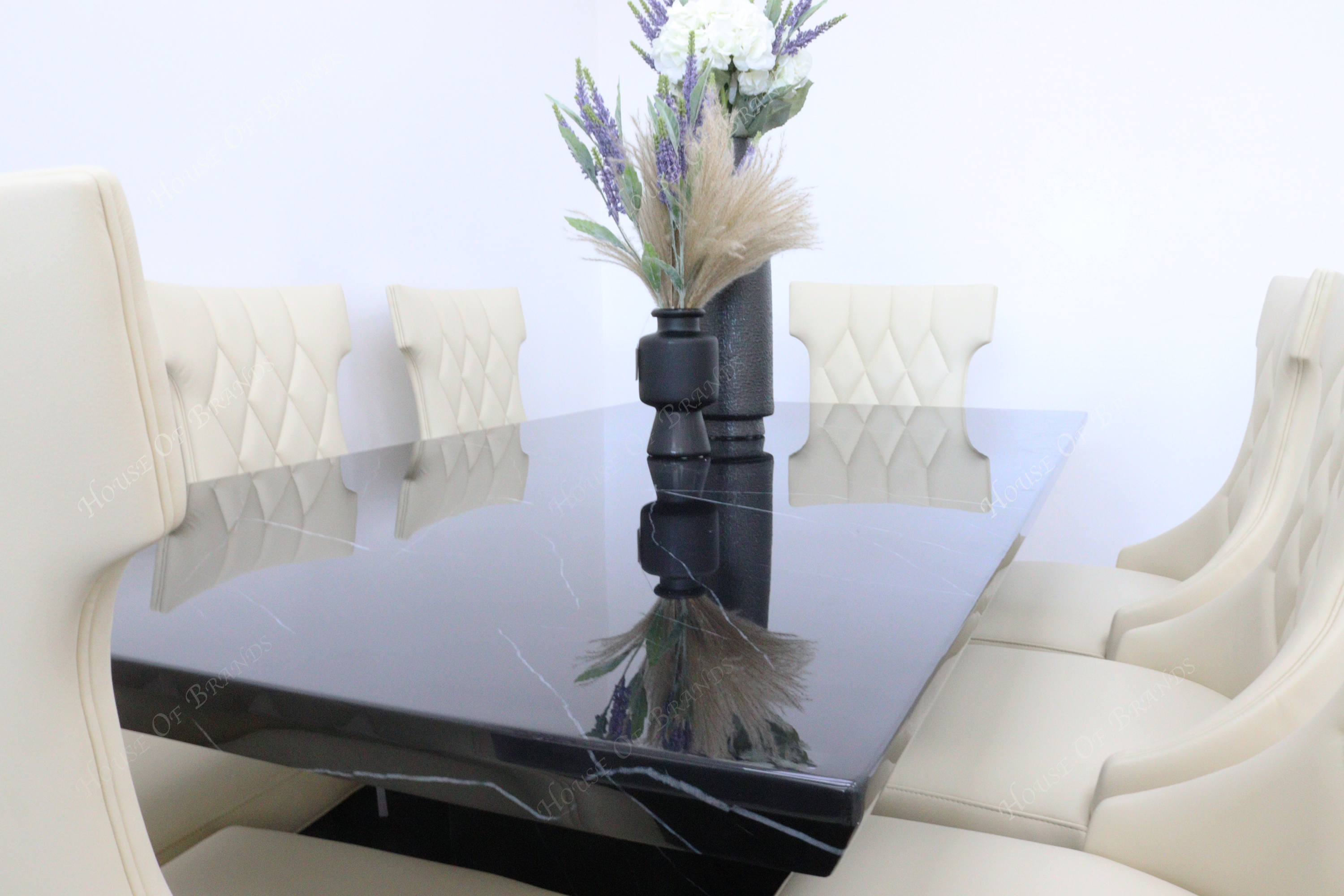 200cm Naples Black Marble Dining Table with 8 Mimi Cream Leather Chair