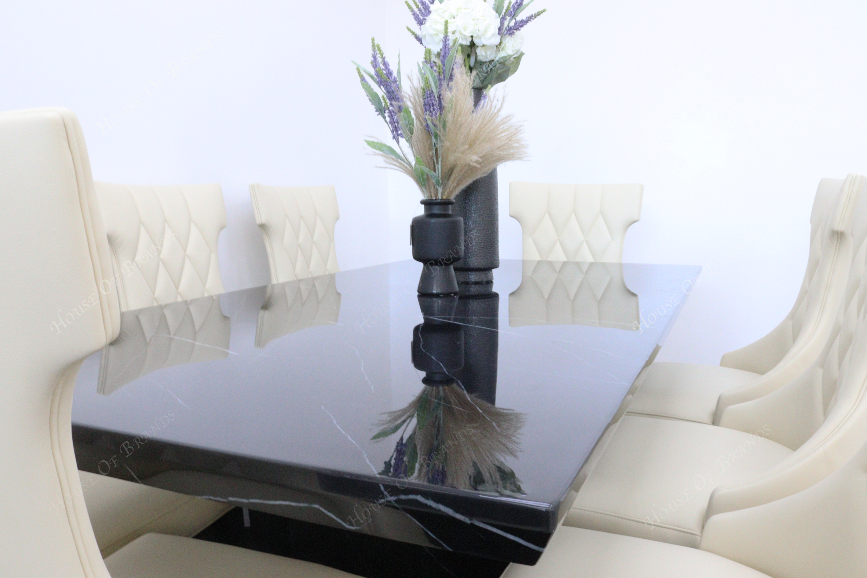 200cm Nebula Black Marble Dining Table with 8 Tremiti Cream Leather Chair