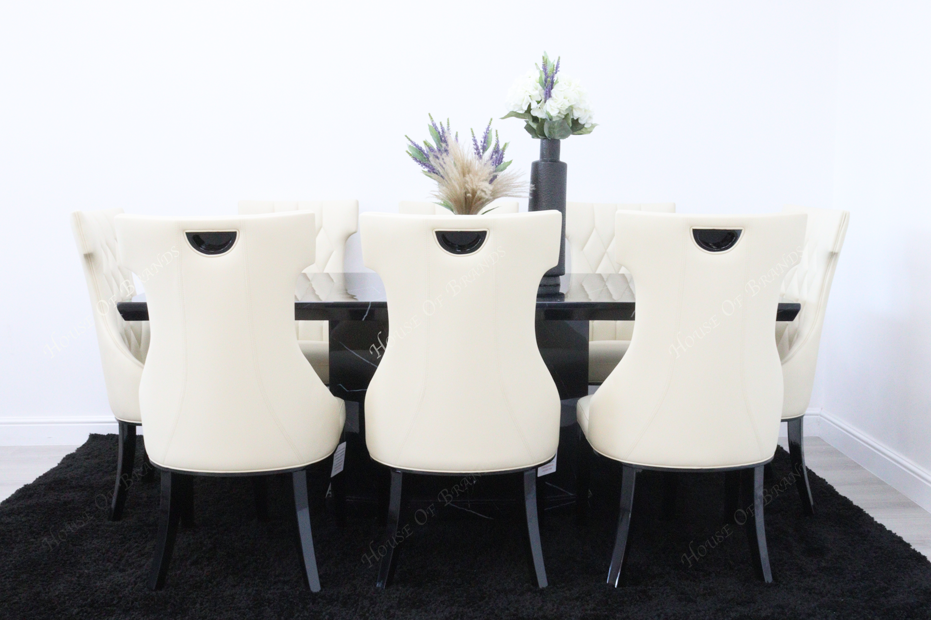 200cm Nebula Black Marble Dining Table with 8 Tremiti Cream Leather Chair
