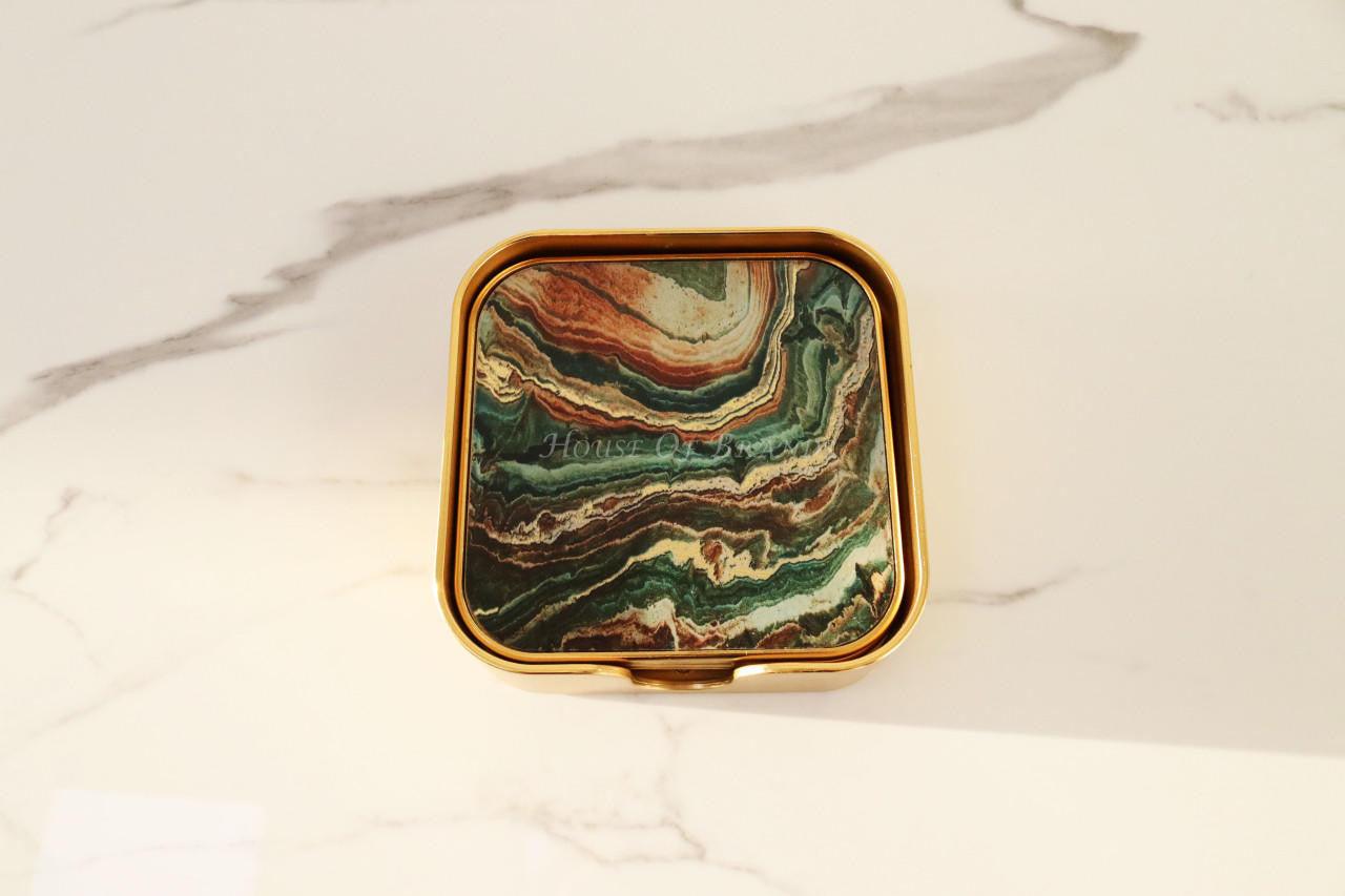 House Of Brands Square Gold & Green Coasters 