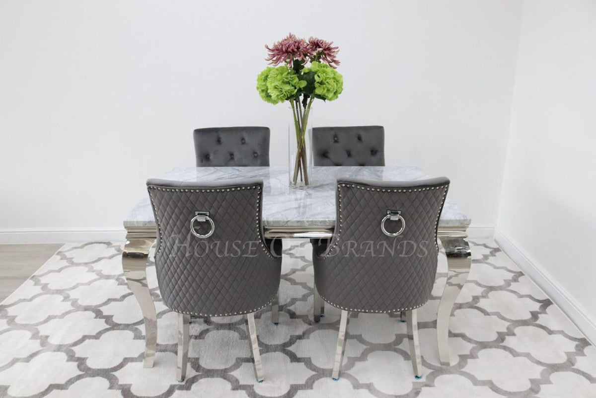 150cm Louis Marble Dining Table with Majestic Ring Knockerback Velvet