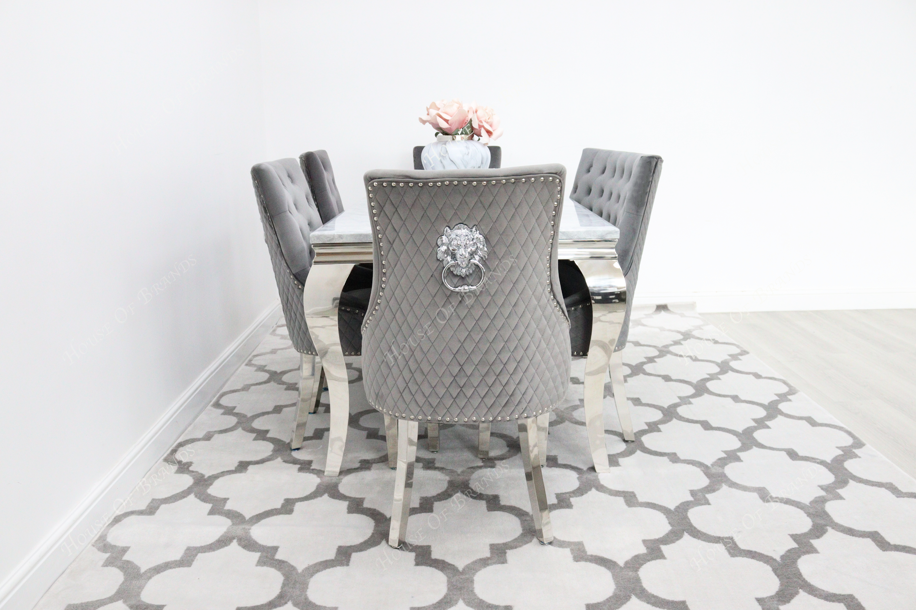 150cm Louis Marble Dining Table with 4 Majestic Knockerback Velvet Chairs and Majestic High Back Velvet Bench