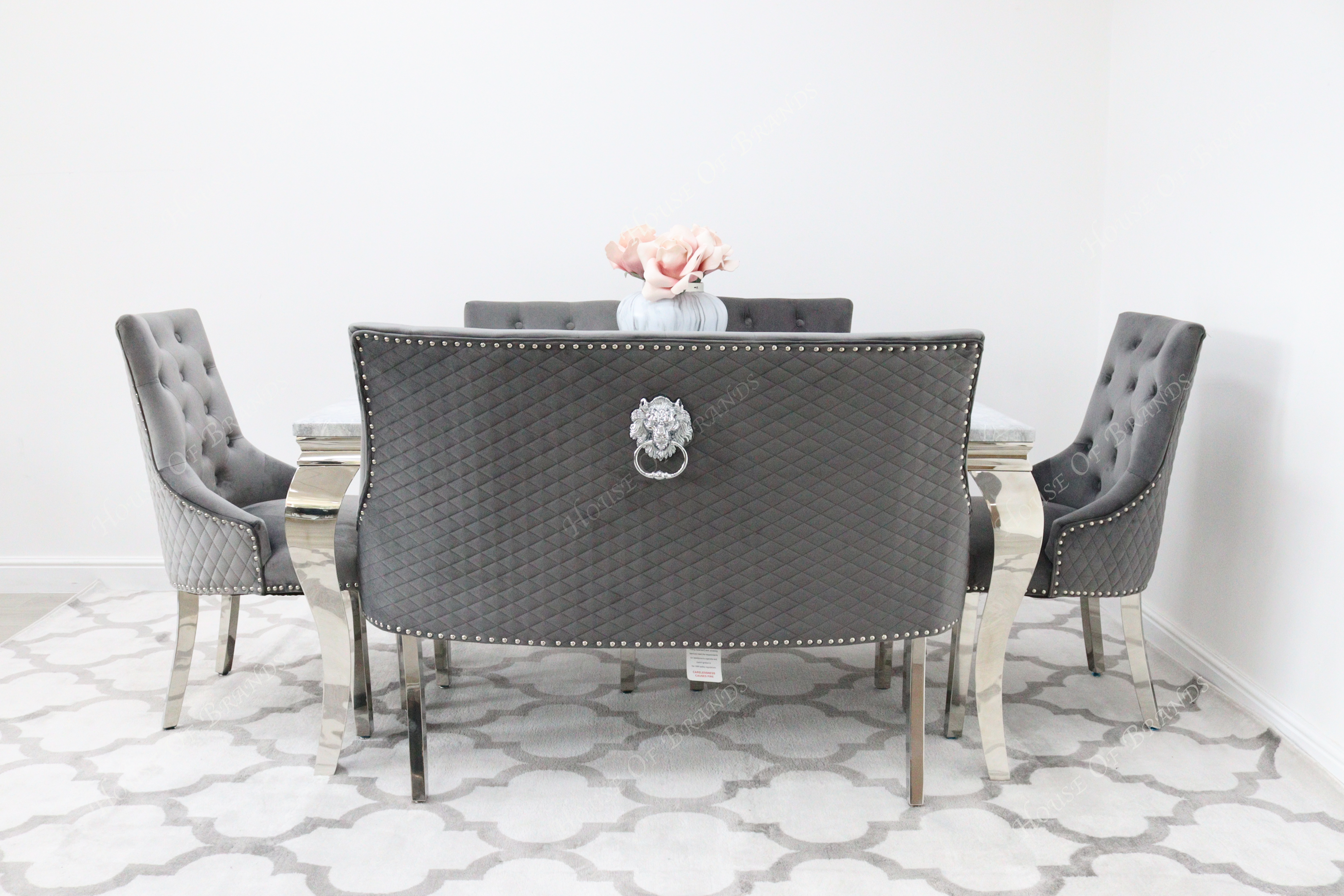 150cm Louis Marble Dining Table with 4 Majestic Knockerback Velvet Chairs and Majestic High Back Velvet Bench