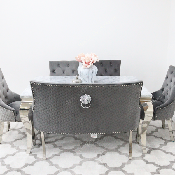 150cm Louis Marble Dining Table with 4 Majestic Knockerback Velvet Chairs and Majestic High Back Velvet Bench