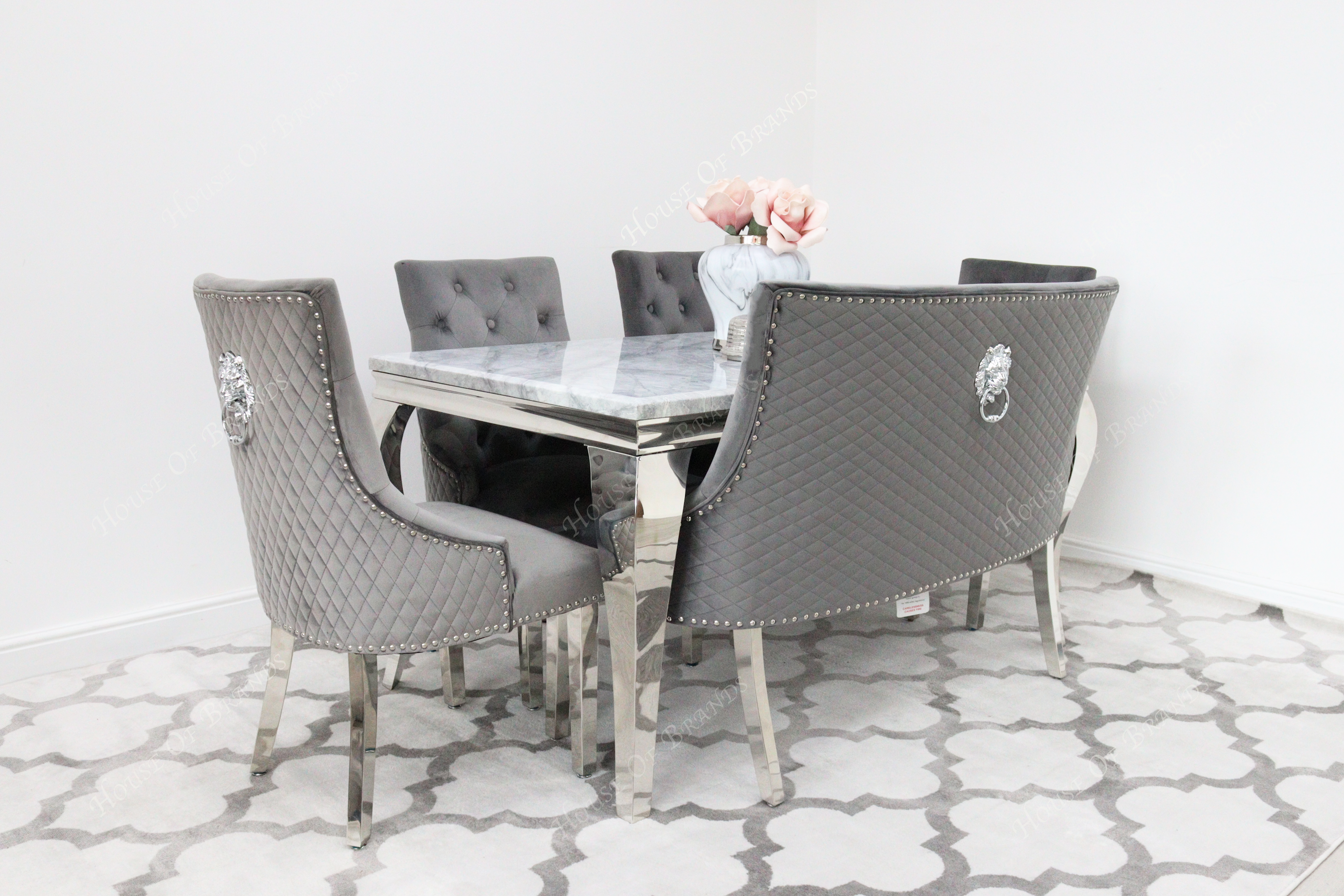 150cm Louis Marble Dining Table with 4 Majestic Knockerback Velvet Chairs and Majestic High Back Velvet Bench