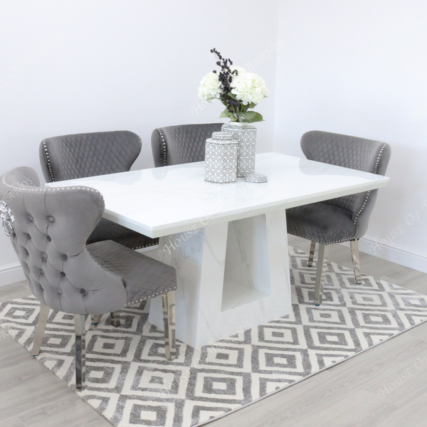 Milan White Marble Dining Table with 4 Valentino Velvet Knockerback Dining Chairs